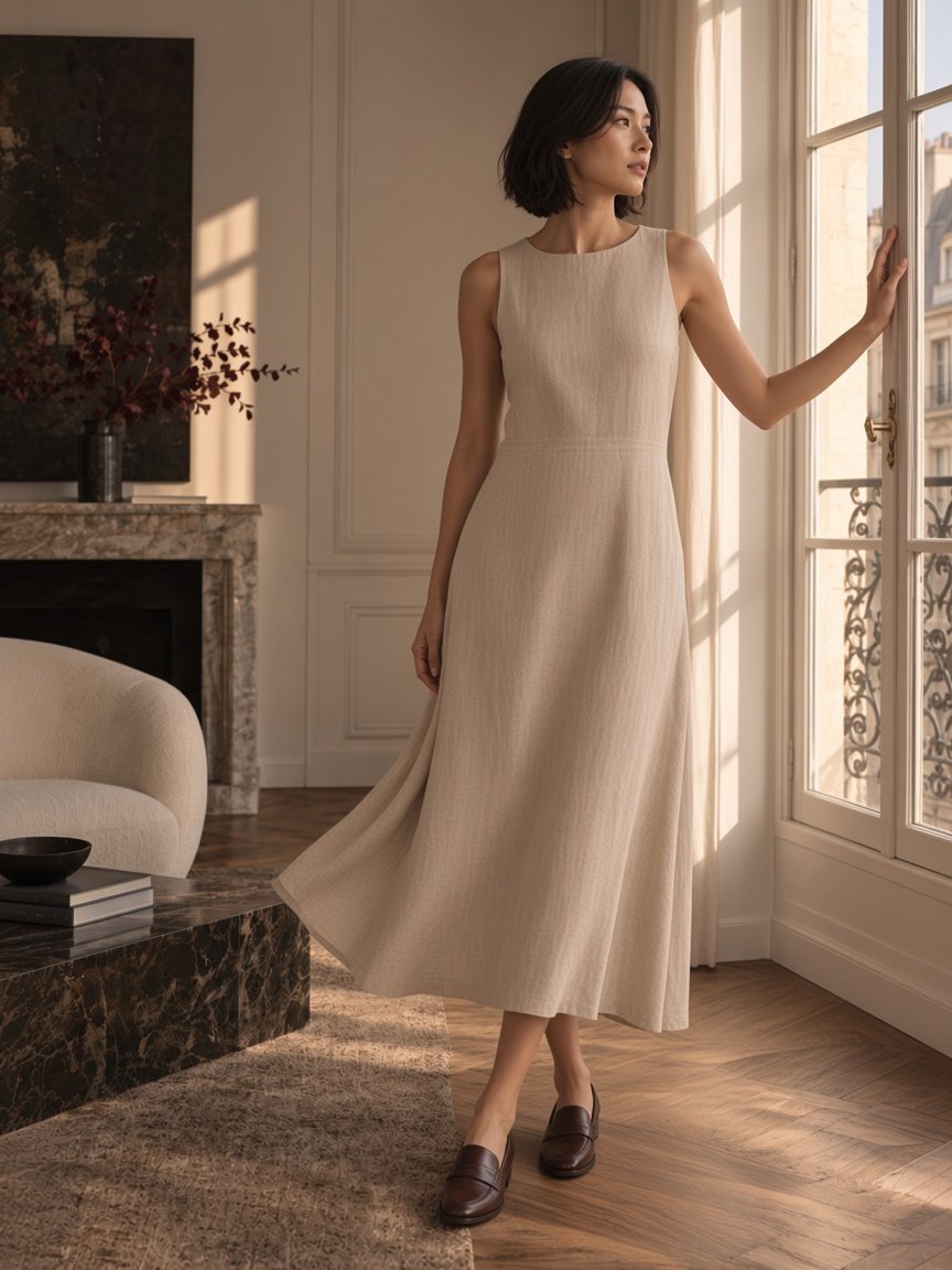 Sand Linen Midi Dress